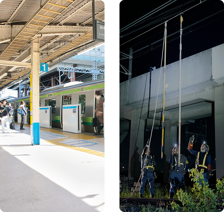 電車線工事の仕事風景
